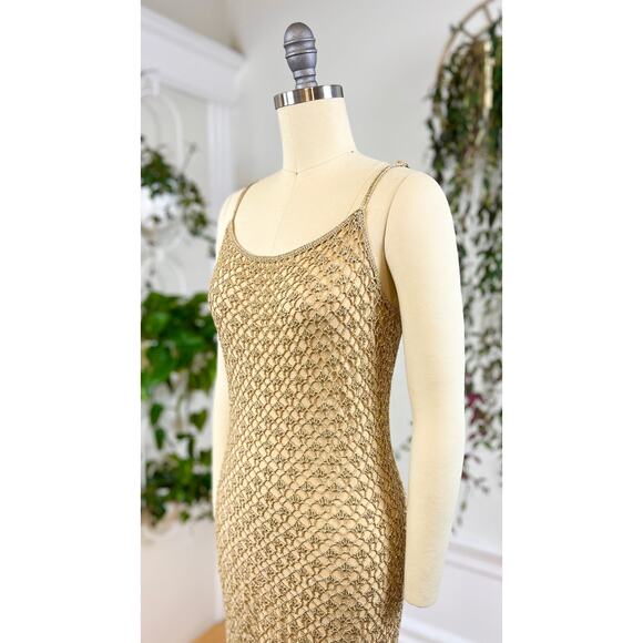 Vintage 2000s Party Dress Y2K CACHE Metallic Gold Crochet Spaghetti Strap Slip - Picture 7 of 11